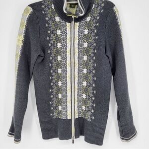 Eddie Bauer Nordic Fair Isle Knit Full Zip Up Cardigan Sweater Stretch Gray